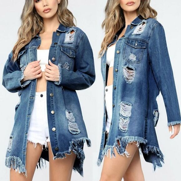 American Bazi Denim Blue Jean Jacket Distressed Long Length Size M - Picture 1 of 10